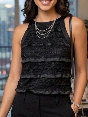 R&M Richards Black Tiered Lace Satin Blouse Women’s M Sleeveless Ruffle